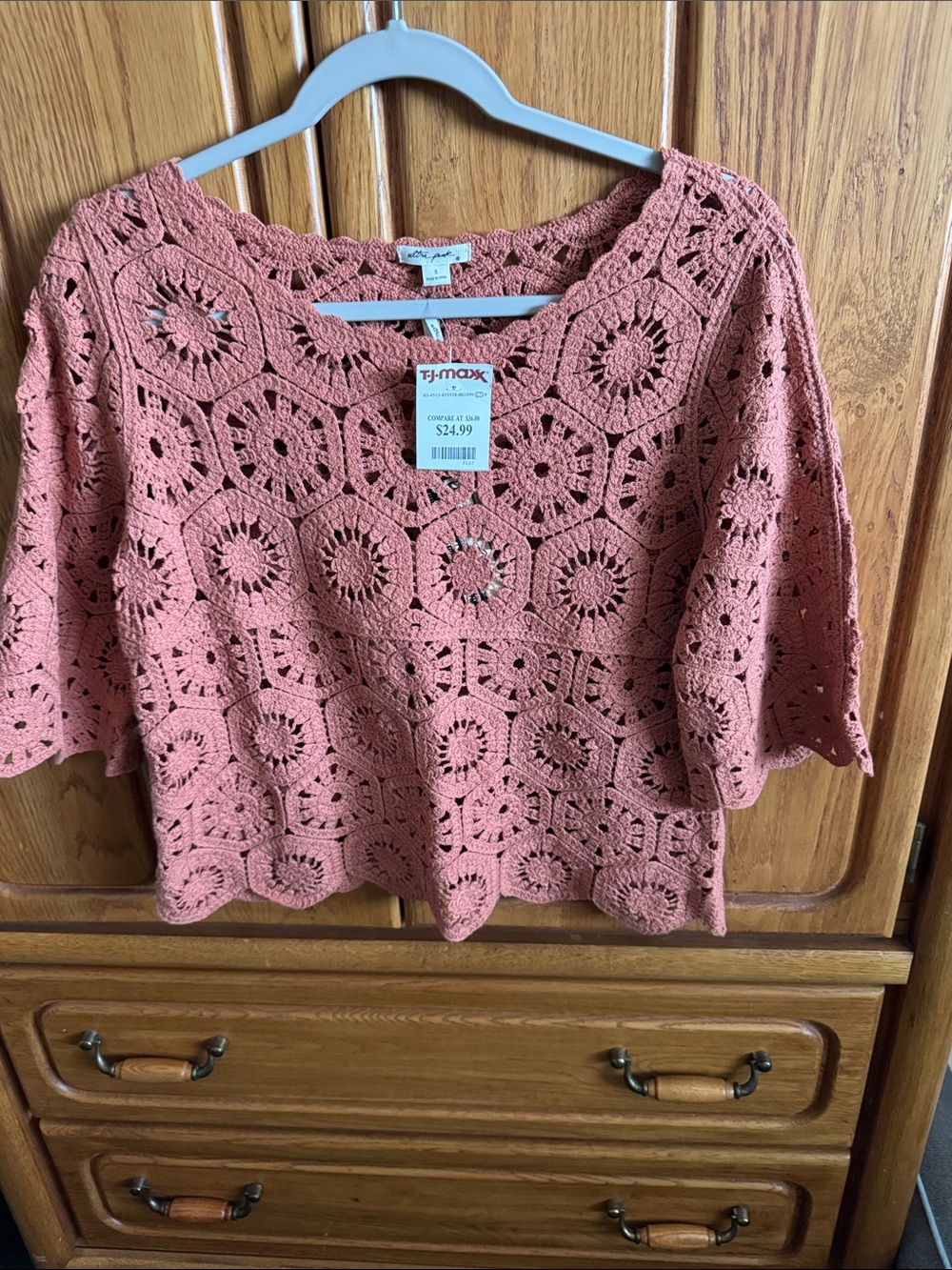 Ultra Pink Crochet Knit Short Sleeve Sweater - Dusty Rose Pink